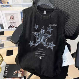美式复古背心男童夏季潮牌卡通痞帅水洗做旧无袖t恤运动坎肩上衣