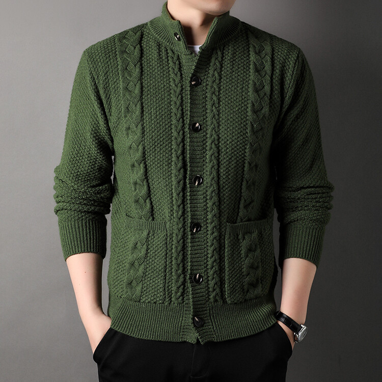 Nuevo hombre de mediana edad de tendencia de invierno y otoño camiseta de punto de color sólido Jacquard botón Cardigan chaqueta aguja gruesa suéter casual