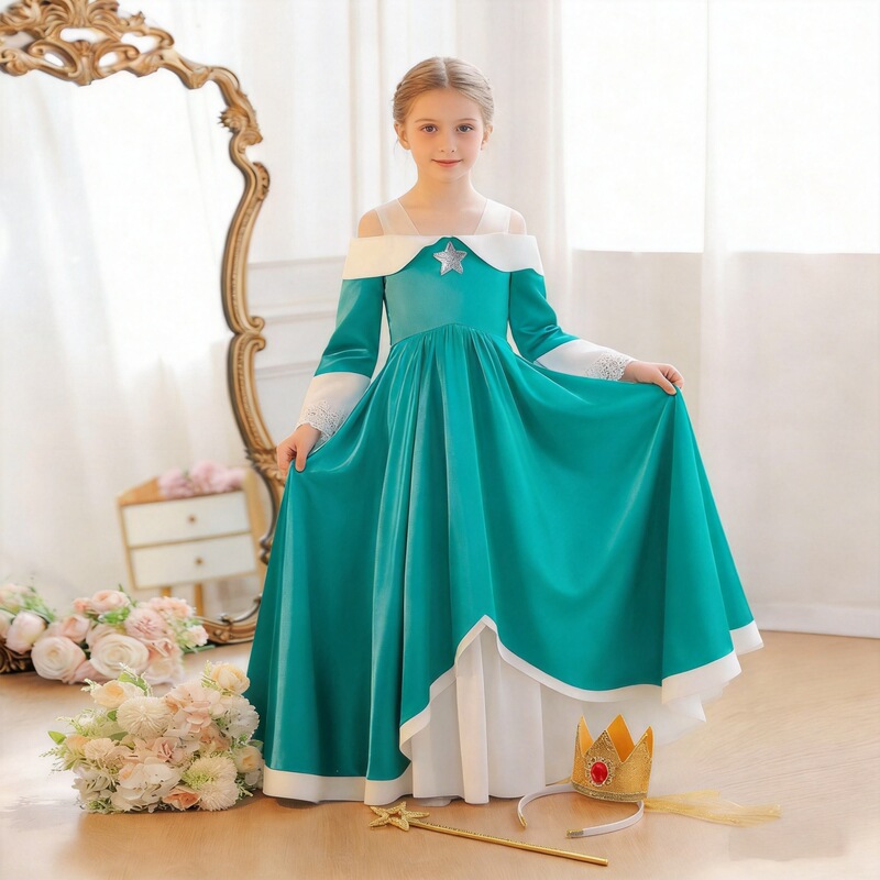 Cross-Border New Children's One-Shoulder Green Evening Dress Cosplay Mario Rosita Color-Blocking Princess Dress