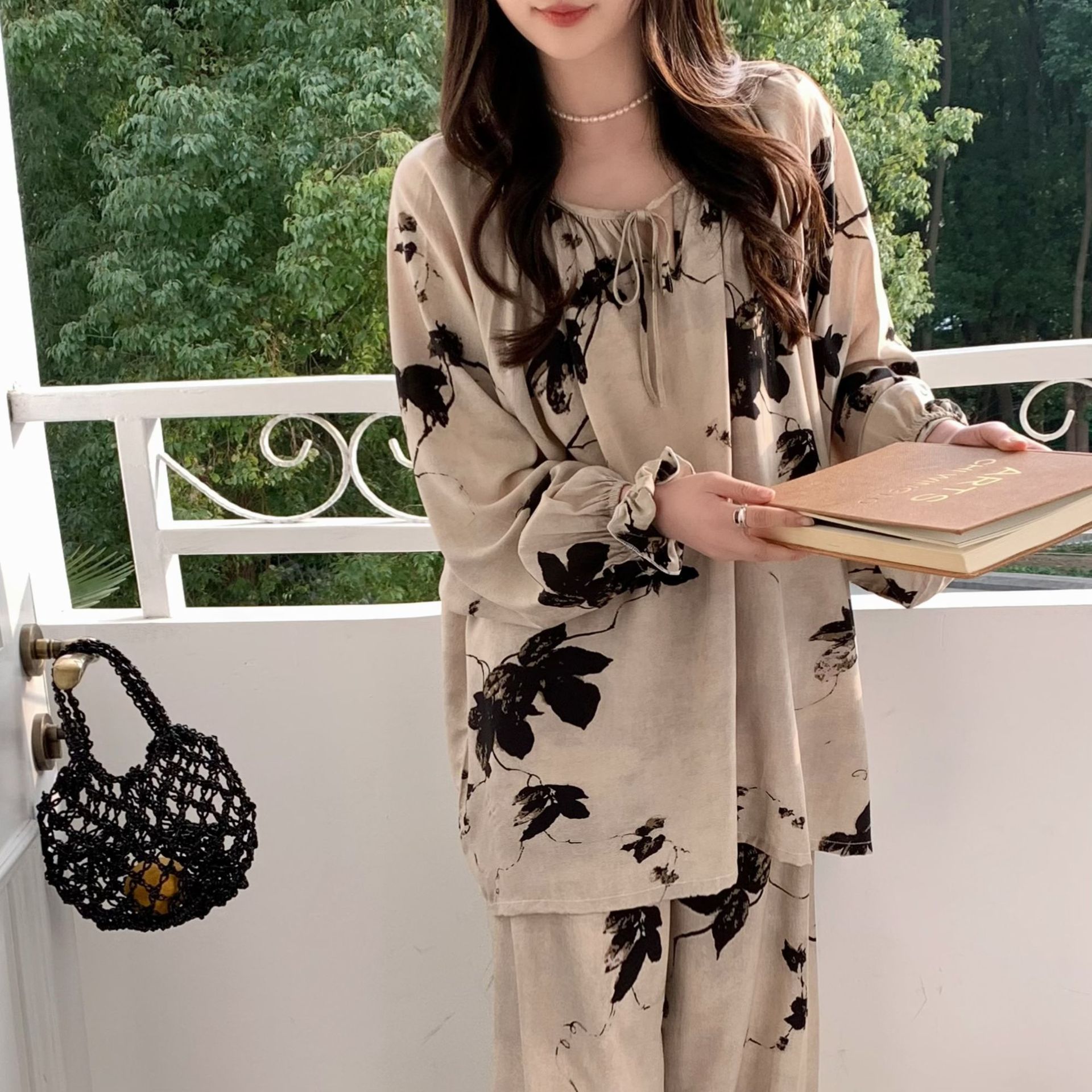 [Traje de casa de bolsillo] Pijamas de seda de algodón de primavera y verano, mangas de linterna de estilo nacional femenino, pantalones de manga larga de algodón, servicio a domicilio