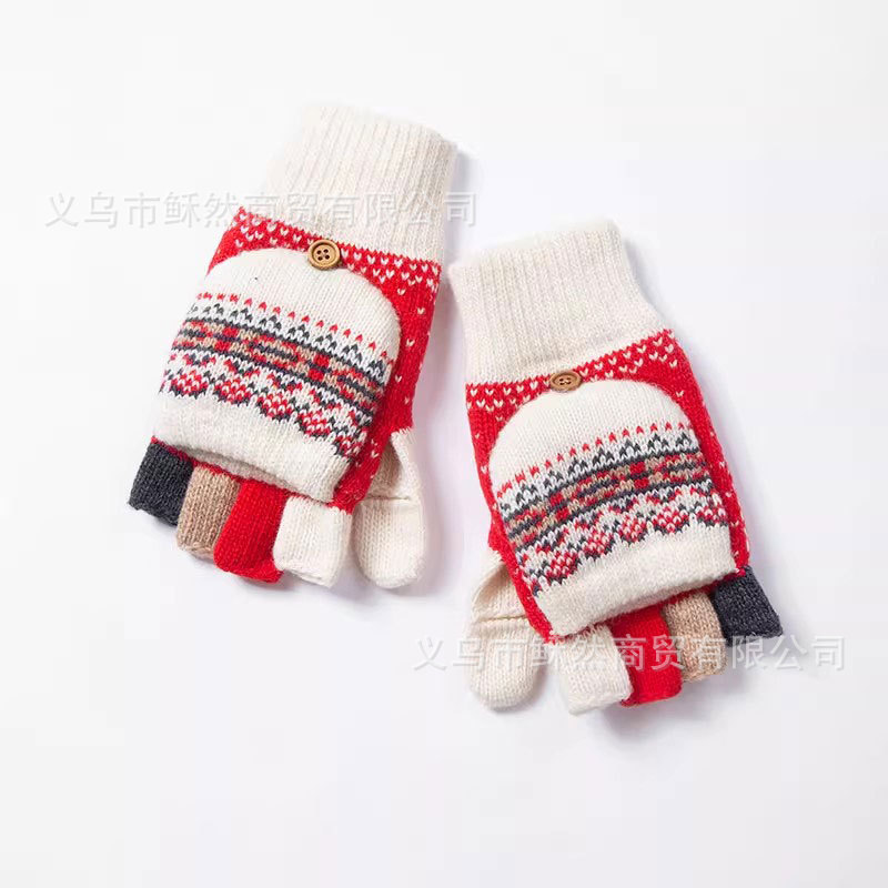 Japanese-Style Ins Flip Cover Parent-Child Gloves Korean Version Winter Warm Female Student Fleece-Lined Writing Fingerless Half-Finger Quality Wool