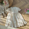 Children's dress, french style, floral print, square neckline, with short sleeve, Korean style, children's clothing