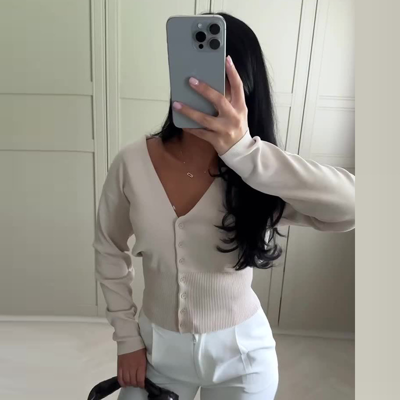 2024 otoño nuevo estilo europeo y americano amazon cross-border ropa de mujer color sólido cuello en v hebilla única cintura de punto cardigan superior