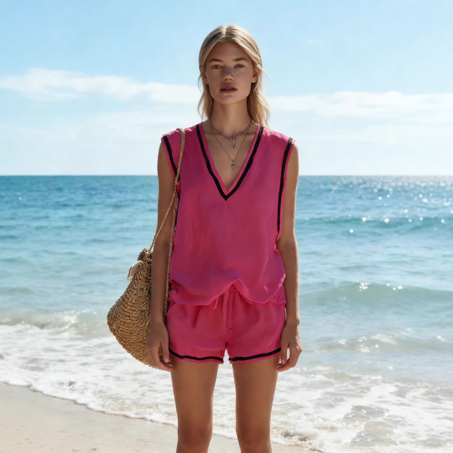 Women's V Neck Vest And Shorts Set Casual Two Piece Solid Color Vacation Style_ecoleips.com