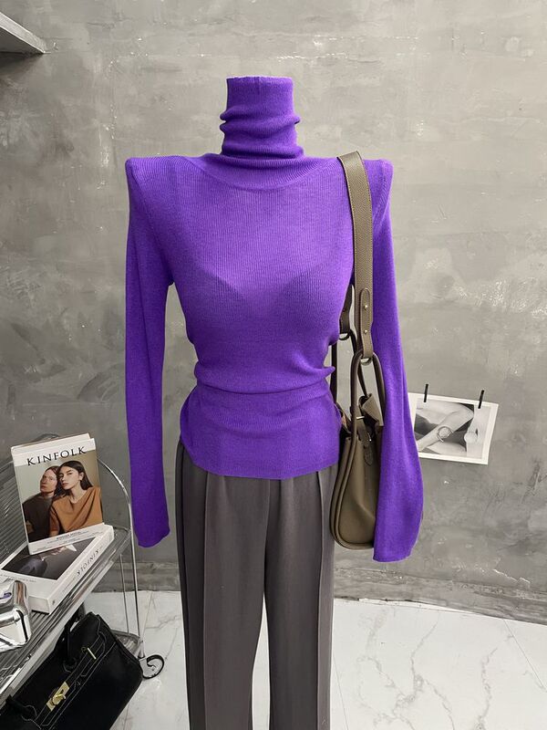 Soft and Waxy Comfortable ~ Foreign-style Pile High Neck Backing Shirt Women's Micro-transparent Thin Knitted Shirt Slim Fit Sweater Fall and Winter