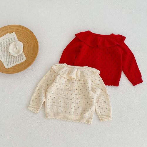  Autumn and Winter 0-3-year-old baby girl cotton knitted cardigan ruffle collar hollow long-sleeved sweater jacket