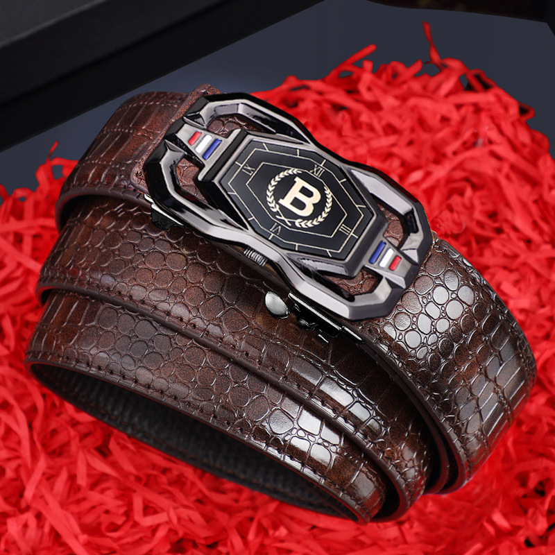 Cinturón de cuero para hombre, patrón de cocodrilo, hebilla automática sin dientes, cinturón de moda informal de negocios, cinturón para jóvenes y de mediana edad