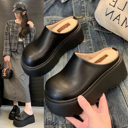 Baotou Slippers Winter Outdoor Wear New Thick Sole Cotton Slippers Women Half Slip Best Selling Hot Fashion Black Anti-Slip