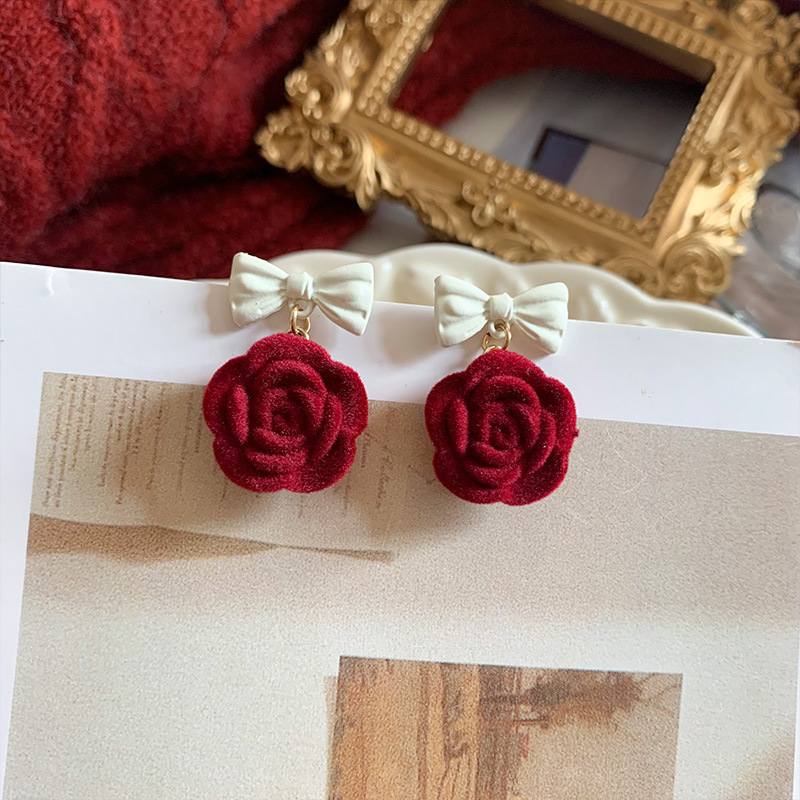 Boucles doreilles pendantes fleur flocage fleur rose rouge vin rtropicture2