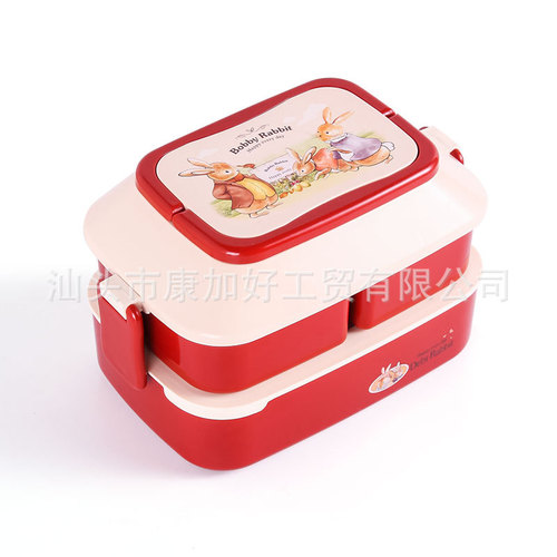 Japanese-style double-layer portable lunch box, student picnic light lunch box, office worker, portable, microwaveable, with fork and spoon