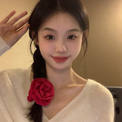 紅色蕾絲玫瑰花大腸發圈女本命年喜慶頭繩輕奢氣質顯白髮繩橡皮筋