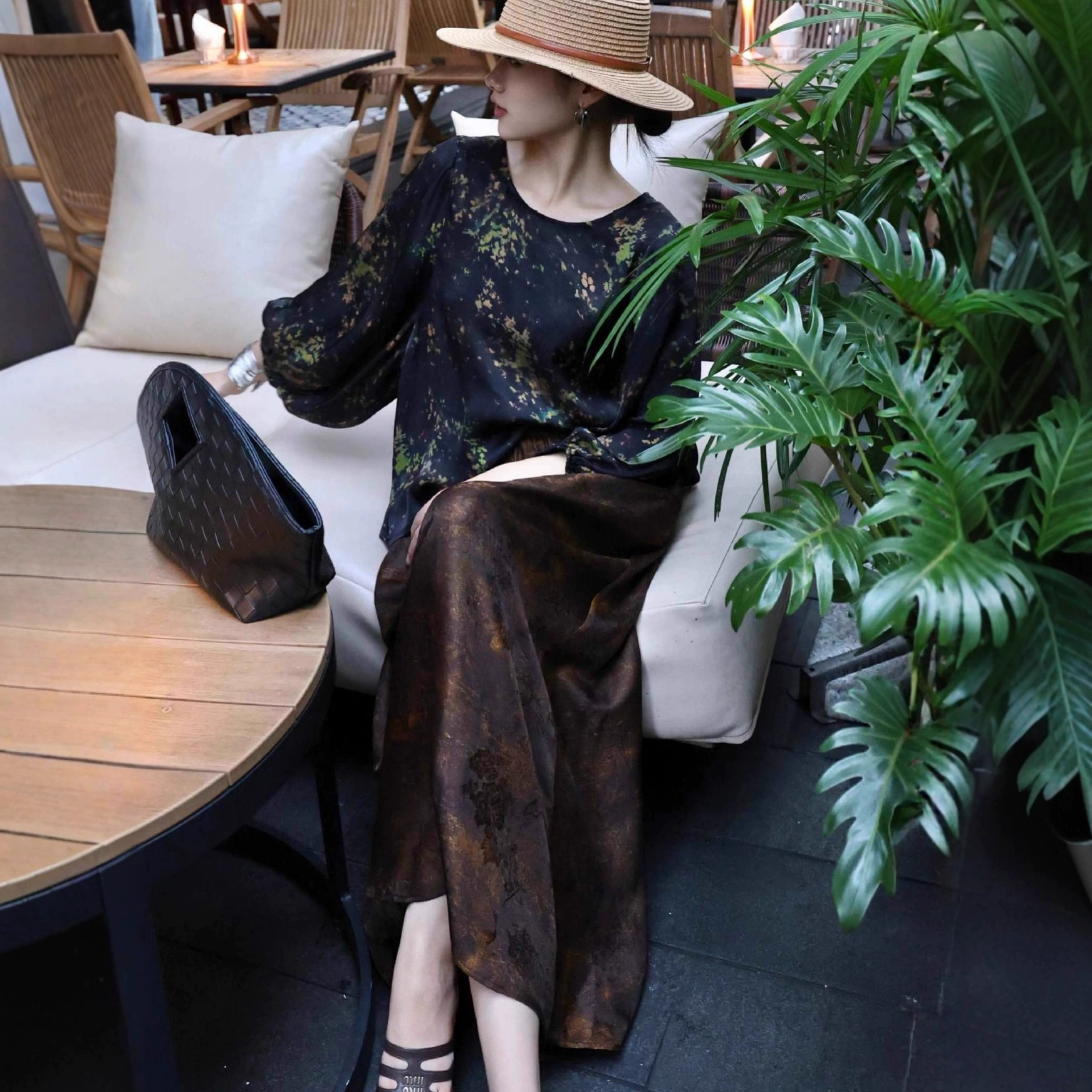 南油新中式国风圆领真丝香云纱上衣简约复古圆领百搭原创设计小衫