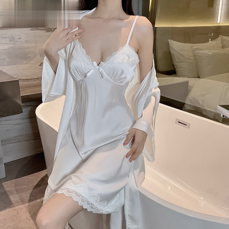 [Hot Selling in Store] Sexy Temptation Suspender Pajamas with Breast Pads Ice Silk Lace Nightgown Slim Fit Push-Up Silk Home