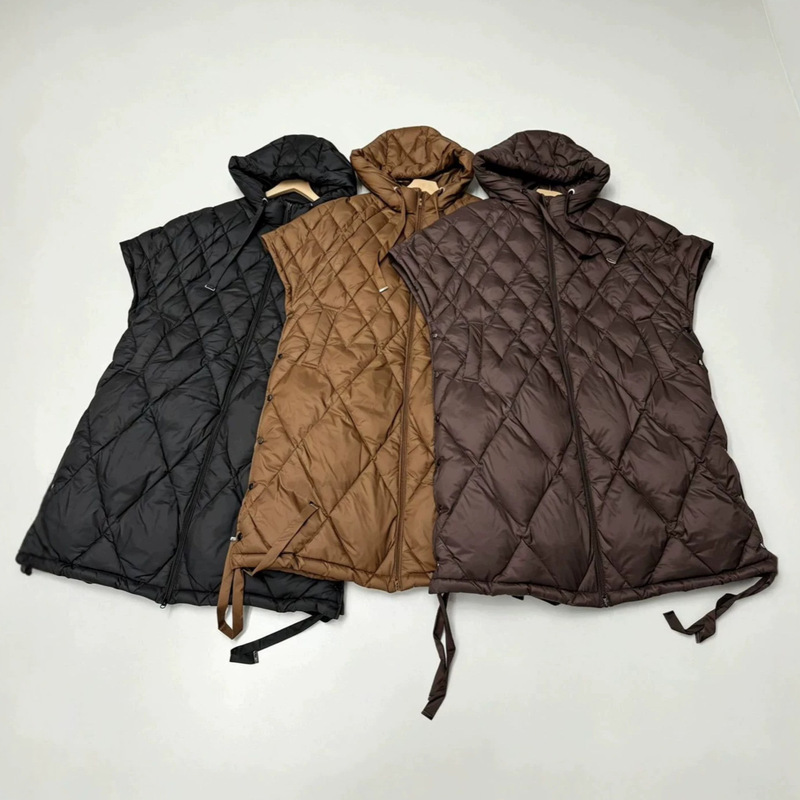 European style 2026 women's loose-fit, plus-size, half-sleeve, diamond-patterned, drawstring, long down vest European style 2026 women's loose-fit, plus-size, half-sleeve, diamond-patterned, drawstring, long down vest