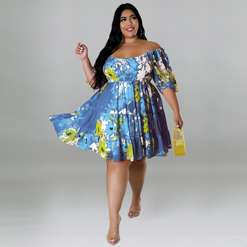 Plus Size Off Shoulder Floral Dress With Puff Sleeves, Flowy Swing Midi Dress For Women_ecoleips.com