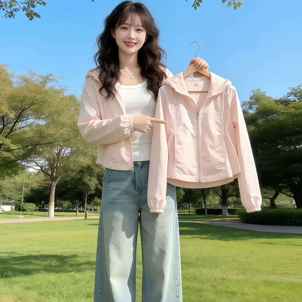 小个子粉色减龄连帽抽绳防晒衣女2026夏季新款轻薄透气防晒服外套