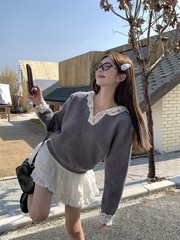 纯欲甜辣设计感蕾丝连帽套头针织衫女装2025新款韩版复古外穿上衣