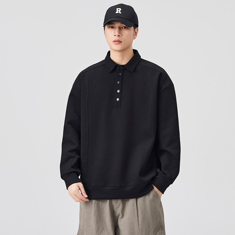 安洋纯色重磅长袖polo衫男士2025秋季新款翻领宽松休闲上衣服批发|undefined