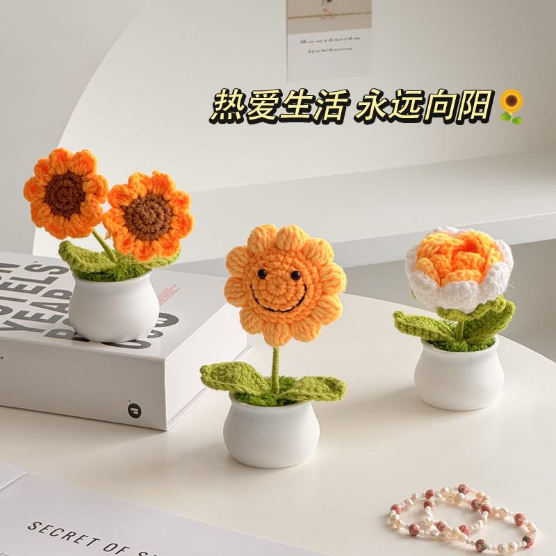 Regalos de día al por mayor girasoles para chicas, ramo de lana tejida a mano, adornos de mesa pequeños