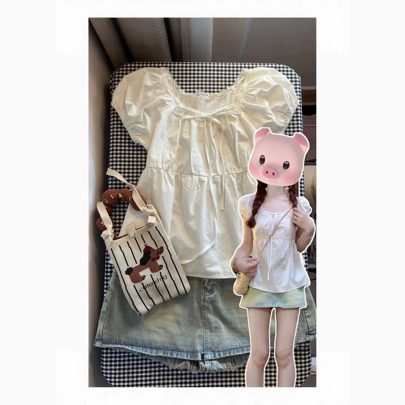 French-style sweet lace doll short-sleeve shirt, new summer design, slim-fit, bubble square-neck top French-style sweet lace doll short-sleeve shirt, new summer design, slim-fit, bubble square-neck top