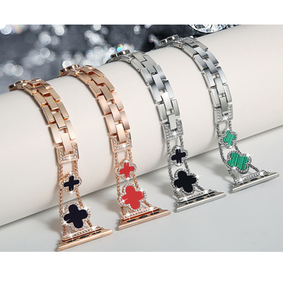 适用苹果手表applewatch表带时尚四叶草镶钻表带iwatch8表带 现货