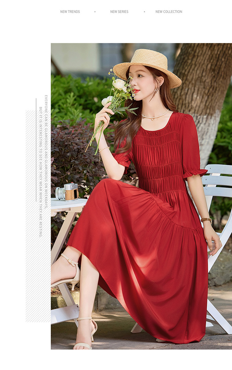 Đầm suông nữ midi che bụng eo màu trơn NI510 — Màu đen, Màu đỏ chi tiết 13