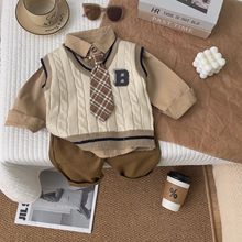 两岁男童学院风毛衣背心三件套2023新款秋季套装复古秋装宝宝套装