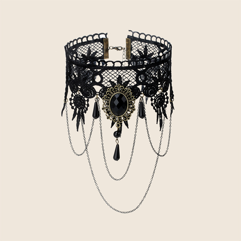 Geometric Pattern Fashion Black Lace Retro Necklace Black Diamond Necklace
