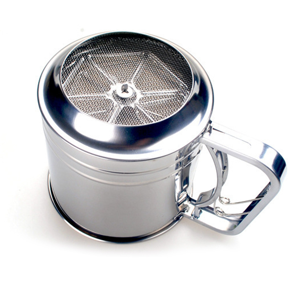 En stock al por mayor Gran tamiz de polvo de doble capa manual de acero inoxidable tamiz de polvo taza FILTRO DE HARINA DE ACERO INOXIDABLE