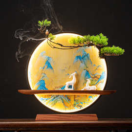 新中式千里江山图LED灯饰倒流香炉禅意家居玄关桌面装饰创意摆件