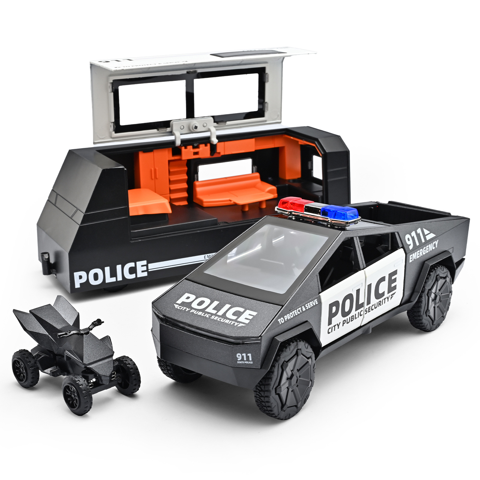 1:32 modelo de autocaravana de aleación de sonido y luz modelo de automóvil de policía de fuego accesorios juguetes interactivos padres e hijos