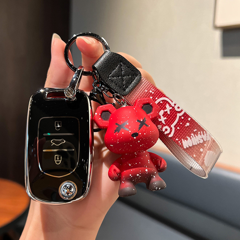 Wuling 모델 B - 접이식 3버튼 [싱글 쉘 블랙] + 레드 폭력 곰 펜던트