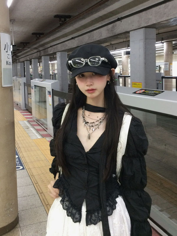 Rose Dark Pattern Lotus Sleeve Retro Tie Girl Shirt Subculture Design Jacquard Splicing Top Two Colors