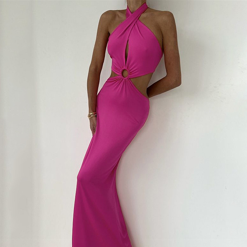 Europäisches und amerikanisches Sommerkleid, sexy Mode, Patchwork, Neckholder, offener Rücken, langer Rock_voghion.com