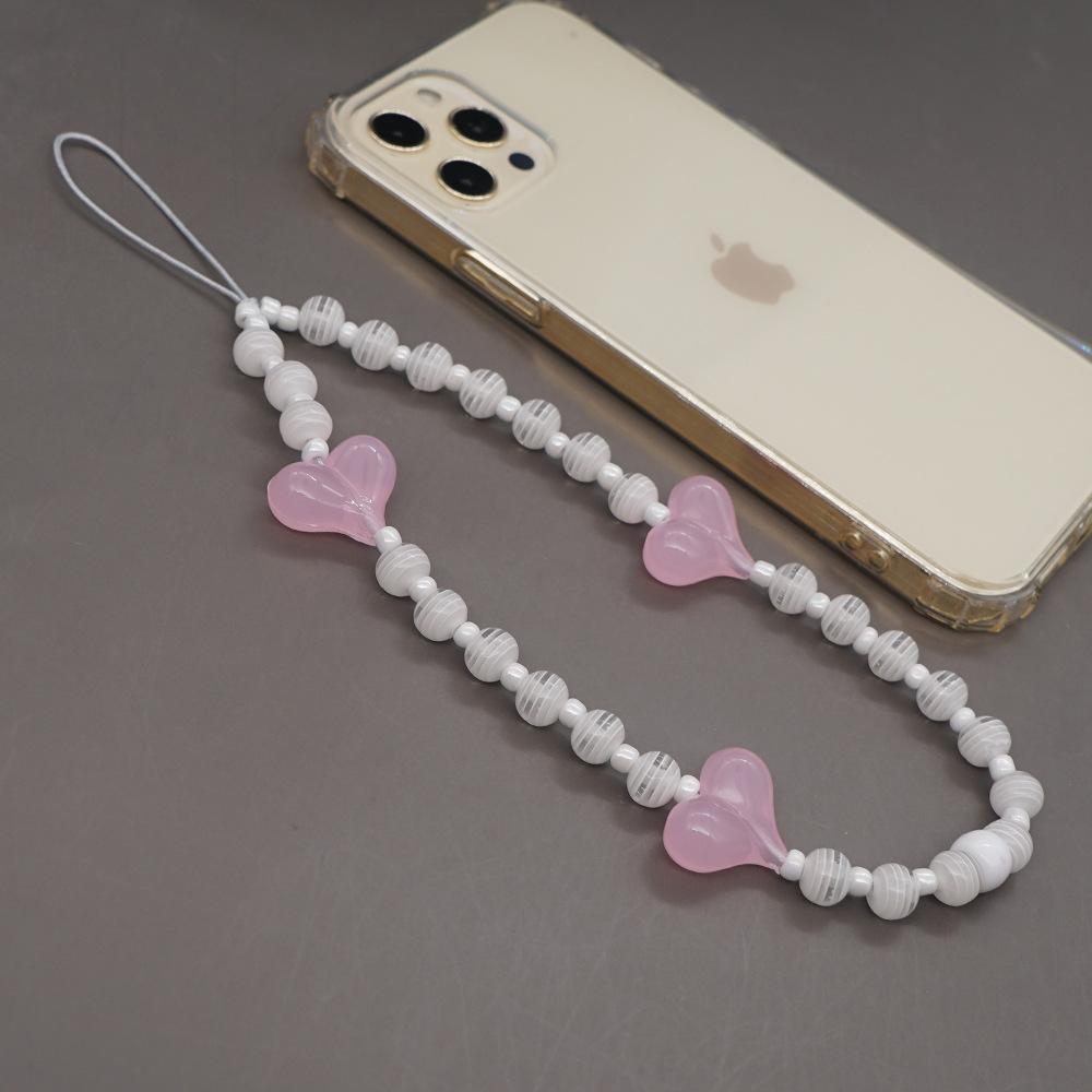 Perles De Riz En Verre Simples 8mm Perles À Rayures Blanches Gelée Rose Pêche Coeur Anti-perte Chaîne De Téléphone Portable display picture 2