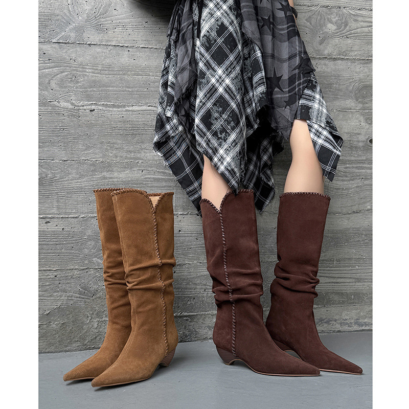 Boots 2025 New Style Frosted Cowhide Pointed Toe Kitten Heel Western Boots Wrinkled Pile Boots Women's Sleeve High Boots