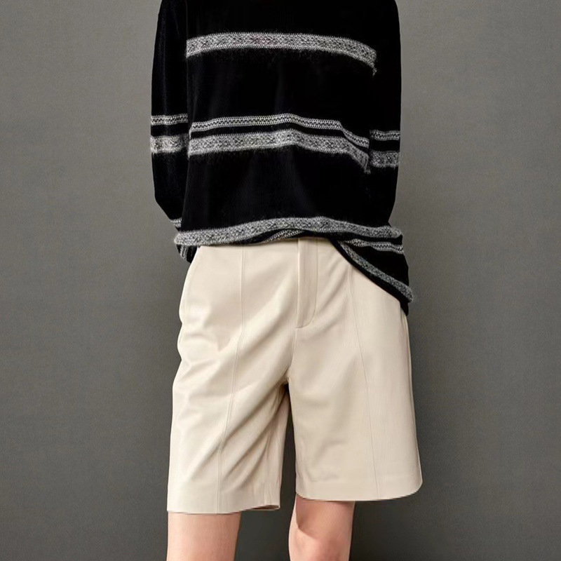 ZHEN Leather Pants Spring and Autumn Ring Beauty Joker High-end Sheepskin ~ Slim Middle Slit Three-dimensional Middle Low Waist Bermuda Shorts ~