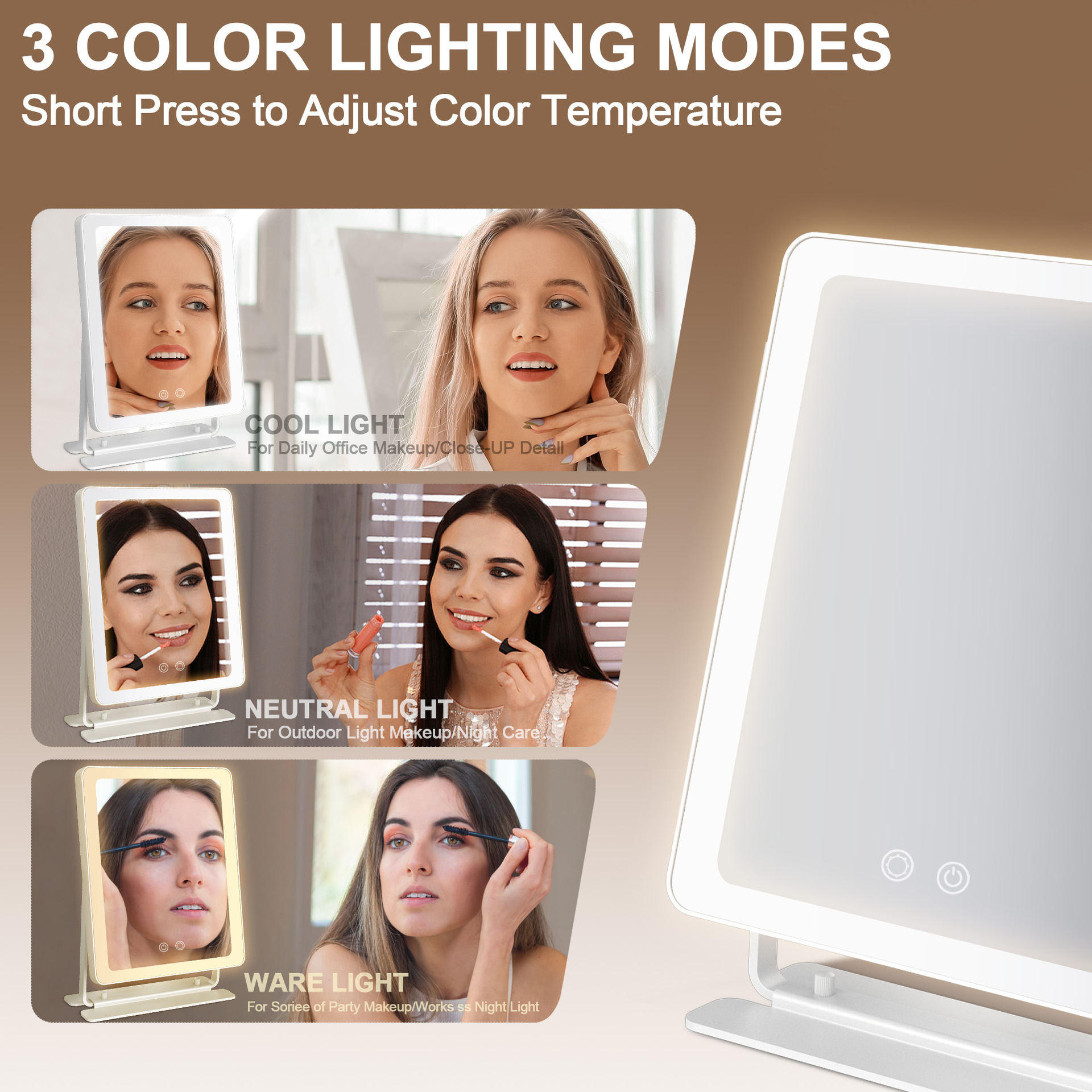 25X30CM espejo de maquillaje con lámpara led espejo recargable de escritorio grande cuadrado unilateral espejo de belleza HD