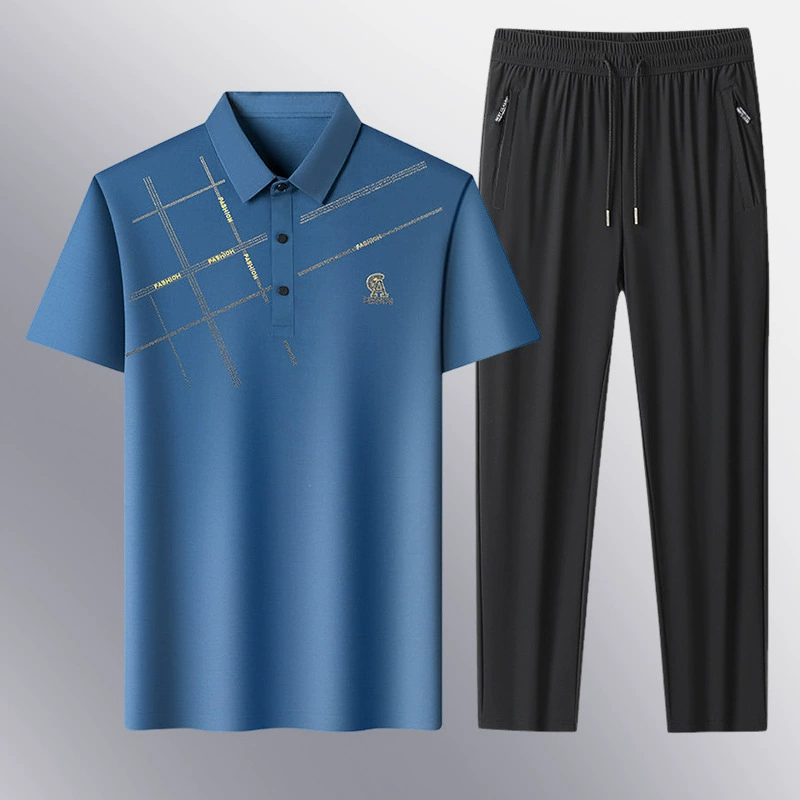 Летний популярный костюм из ледяного шелка с лацканами, короткими рукавами, для мужчин среднего и старшего возраста, деловой повседневный поло, двухкомпонентный костюм для папы