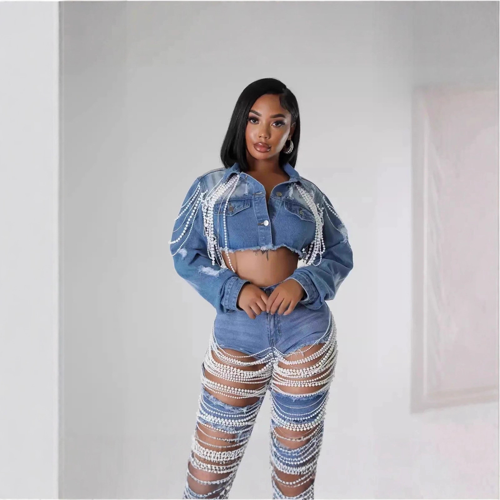 Women's Denim Jacket With Pearl Embellishments – Trendy Oversized Vintage Coat, Handcrafted Beaded Details For Streetwear & Casual (Blue, S-2xl)_voghion.com
