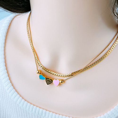 Titanium steel trendy three-pink blue love necklace double-layer snake bone chain peach heart bracelet three-dimensional geometric hand jewelry