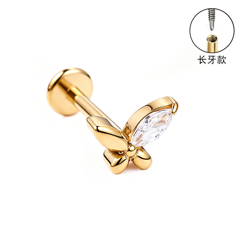 F136 Titanium Alloy Long Tooth Ear Studs, Carved Ear Bone Studs with Zircon, G23 Titanium Body Piercing Jewelry detail image 8