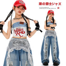 爵士舞服装女童韩版练功服少儿jazz女孩破洞牛仔长裤表演出潮服夏
