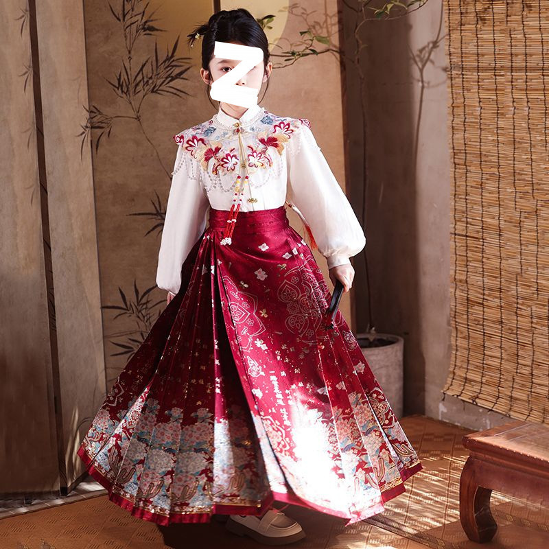 新しい明王朝の漢服子供馬面スカート中国風スーツスーパー妖精ガール新しい中国風の古代衣装アンカラレッドスカート|undefined