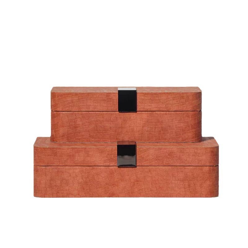 Modern Simple Brown Wooden Leather Storage Box Ornaments Model Room Bedroom Living Room Entrance Jewelry Box Decorations