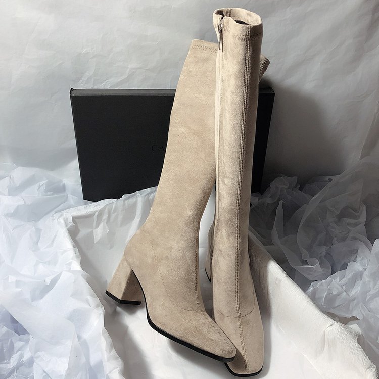 2025新款跨境外贸大码尖头绒面高跟裸色靴子弹力长筒靴亚马逊代发
