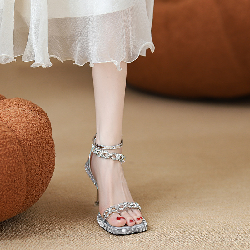 Spring and Summer 2025 New French Style Rhinestone Star Stiletto Heel High Heels Beautiful Elegant Open Toe Sandals with Square Toe