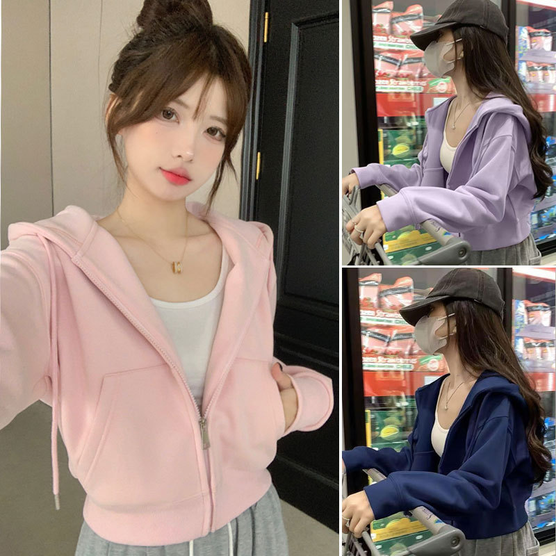 Short Hooded Sweatshirt Jacket for Women 2026 New Popular Style for Petite Figures, American-Style Cardigan for Early Autumn Sports