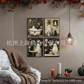 亚马逊TEMU希音跨境万圣节图片黑猫与可爱鬼怪家居装饰带框装饰画