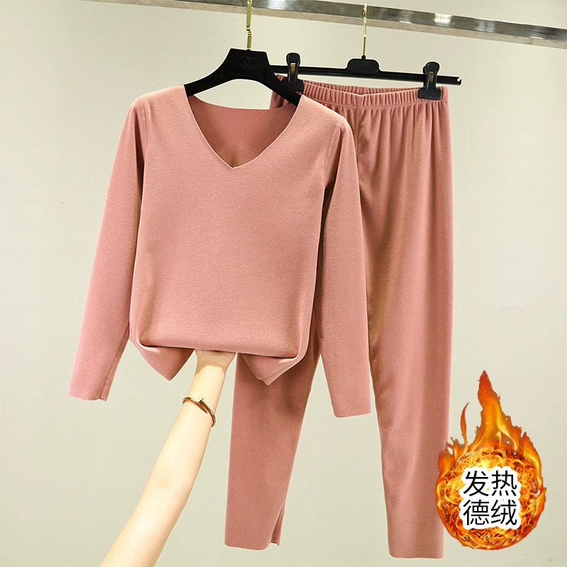 Зимний теплый нижний костюм с V-образным вырезом, Женская внутренняя одежда, бархатная осенняя одежда, длинные брюки, утолщенный тонкий хлопковый свитер на флисовой подкладке